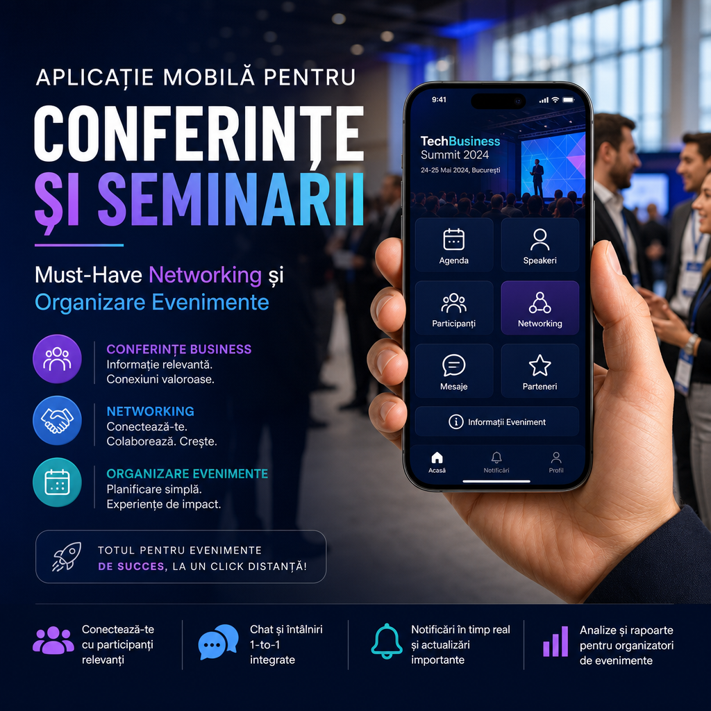 conferințe business illustration for Aplicație Mobilă pentru Conferințe și Seminarii: Must-Have Networking și Organizare Even