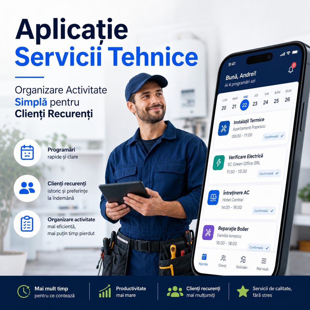 Illustration of Aplicație Servicii Tehnice: Organizare Activitate Simplă pentru Clienți Recurenți