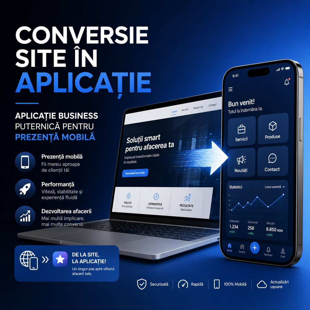 conversie site în aplicație illustration for Conversie Site În Aplicație: Aplicație Business Puternică Pentru Prezență Mobilă