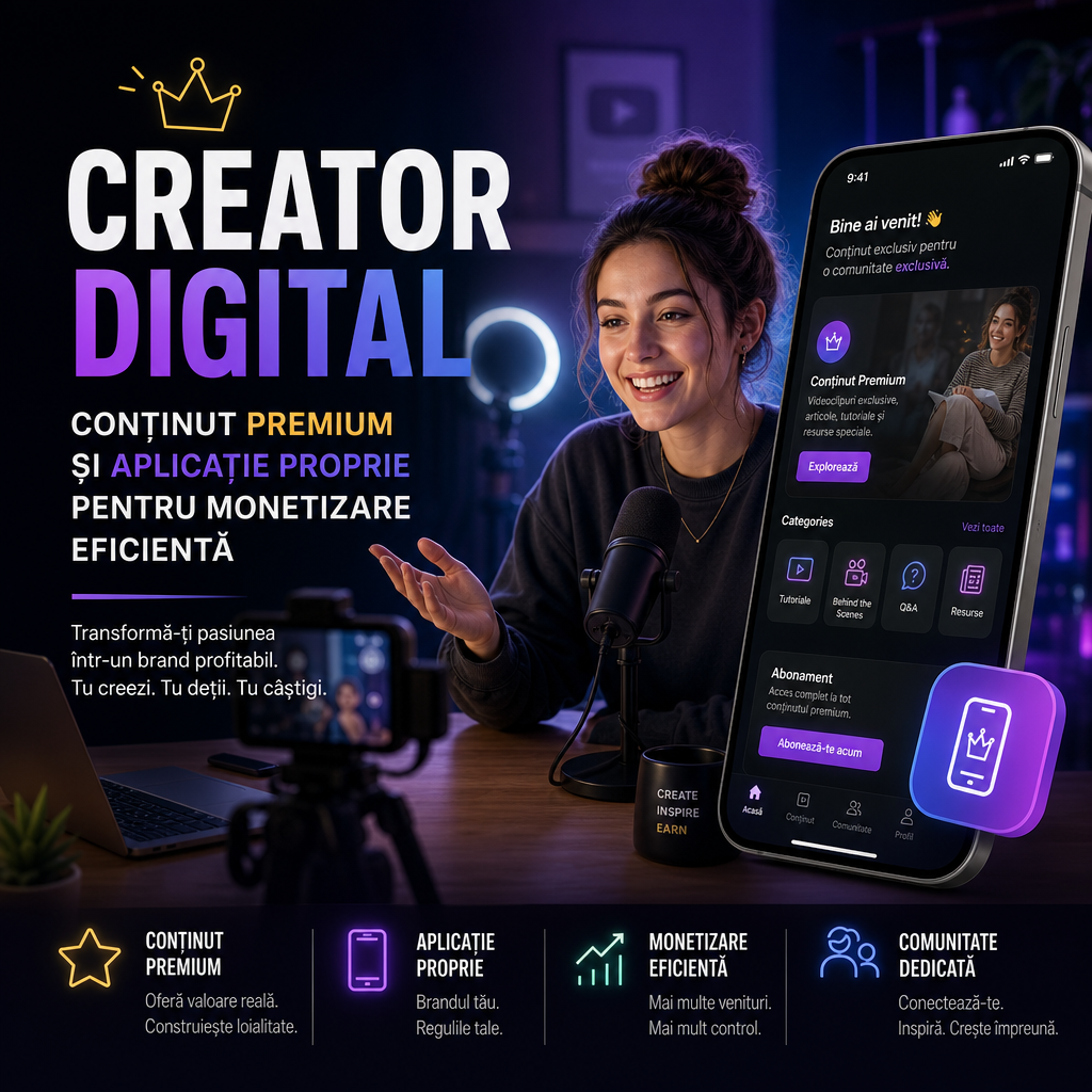 Illustration of Creator Digital: Conținut Premium și Aplicație Proprie pentru Monetizare Eficientă