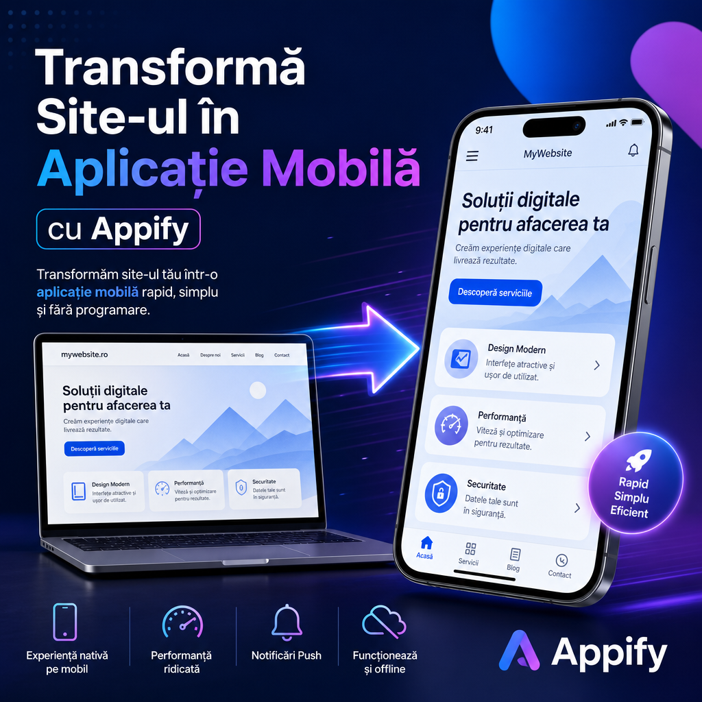 Site transformat rapid în aplicație mobilă cu Appify, pentru o experiență modernă pe telefon.